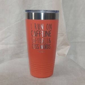 Piper Lou / Polar Camel 20oz Coral Tumbler "I RUN ON CAFFEINE" Softball Mug EUC
